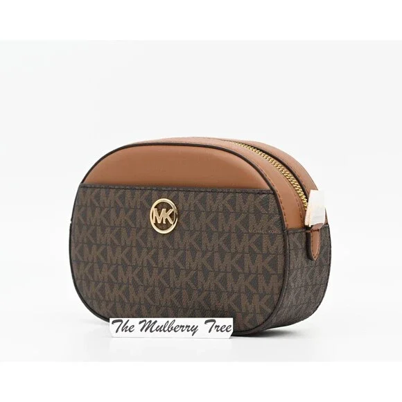 MICHAEL KORS JET SET GLAM Small Front Pocket Oval Crossbody Logo Canvas NWT $398